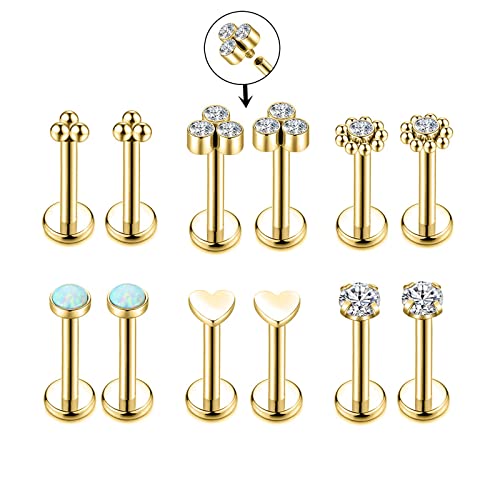Yjbglrygf 16G Labret Studs 12 Pcs Tragus Earrings Of Body Piercing Jewelry With Opal Zircon Lip Rings Helix Earring Studs In 6 Style (1.2Mm*8Mm, Gold) #TOP3