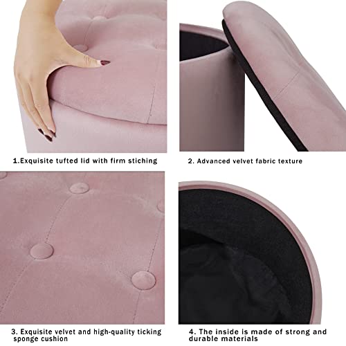 Pinplus Round Pouf Storage Ottoman, Pink Velvet Large Foot Rest Stool Seat With Lids, Coffee Table Footrest Stool Seat For Living Room Bedroom Entryway, 19.9" X 19.9" X 15.2" #TOP7