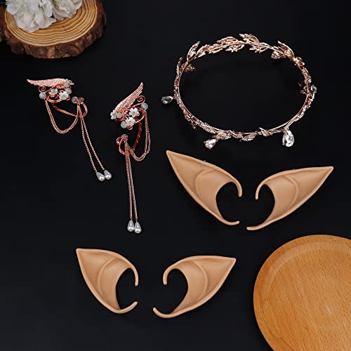 Kakonia Elfenohren Kostüm Zubehör für Frauen Strass Blatt Stirnband Krone für Halloween Cosplay Roségold