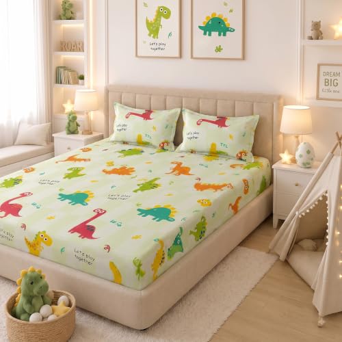Image of Filymore Kids Double Bedsheet with 2 Pillow Covers - Cartoon Dinosaur Theme, 240 TC Soft Microfiber Bed Sheet for Double Bed (90x90 Inches), Breathable & Skin-Friendly Kids Bedding Set, Green & White