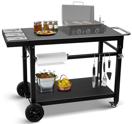 Image of Black Cast Iron 2-Shelf Grill Cart with Wheels,Heavy Duty Pizza Oven Stand for Blackstone Ninja,Outdoor Cooking Station with Durable Tabletop
