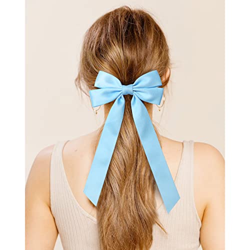 2Pcs Silky Satin Hair Bows Blue Hair Ribbon Clips For Women Ponytail Holder Hair Accessories Alligator Clips Hair Bow For Women Girls Toddlers Teens Kids #TOP4