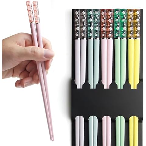 Chopsticks Reusable Dishwasher Safe, AYFDISHS 5 Pairs 9.45 Inches Lightweight Fiberglass Chopstick, Japanese Chinese Sakura Chopstick, Non-slip Chop Sticks, Multicolor Cover