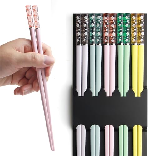 Chopsticks Reusable Dishwasher Safe, AYFDISHS 5 Pairs 9.56 Inches Lightweight Fiberglass Chopstick, Japanese Chinese Sakura Chopstick, Non-slip Chop Sticks, Multicolor