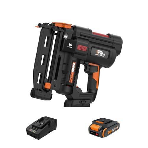 Worx Nitro 20V 16GA Finish Nailer Cordless 70 Nails/Min Sinks Up to 2-1/2", Compact Cordless Nail Gun w/Tool-Free Jam Release, Brushless Nail Gun Battery Powered WX841L – Battery & Charger I