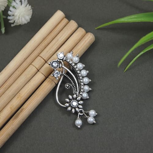 Image of I Jewels Navratri Ethnic Silver Oxidised Non Piercing Maharashtrian Nath For Women