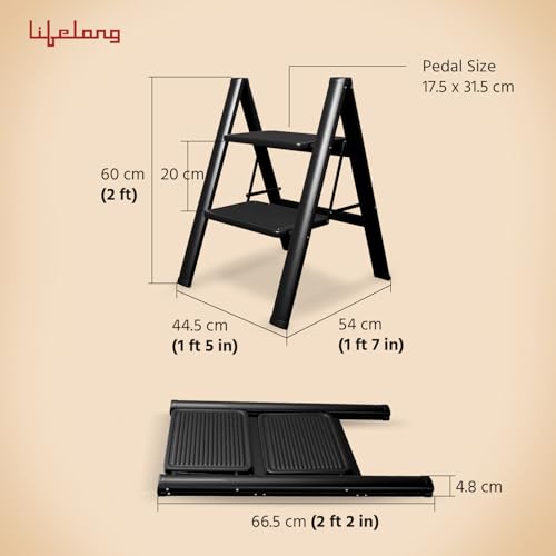 Image of Lifelong 2 Steps Steel Ladder for Home, Foldable & Portable Stairs, Versatile Use for Kitchen, Bathroom & Office Foot Stool - Multipurpose Two Step Stool with 150 Kg Capacity (LLSLS02, Black)