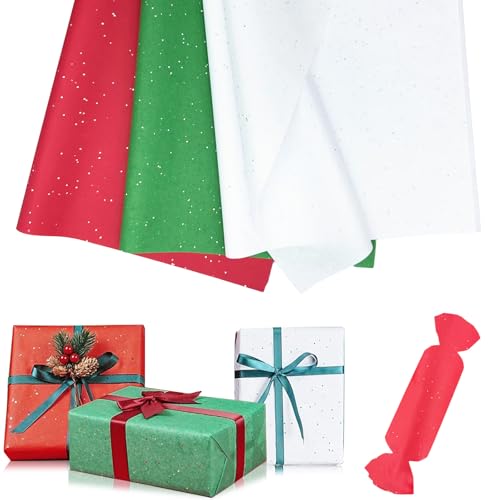 60 Sheets Christmas Glitter Tissue Paper for Wrapping Gifts 50x35cm Red Green White Xmas Tissue Paper Sheets for Packaging Gift Bags Gift Wrapping Paper for Crafts DIY Christmas New Year Decorations