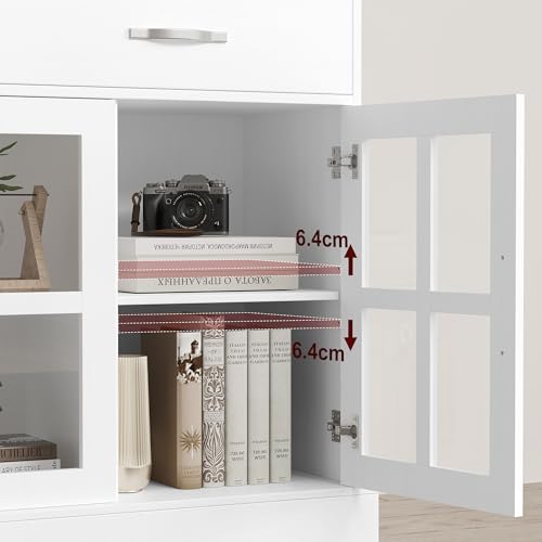 FirFurd 120cm White Sideboard, Living Room Cabinets, Kitchen Sideboard, Display Cabinet with 3 Glass Doors 2 Drawers and Adjustable Shelves Wooden 120x40x84cm - Image 8