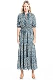 Max Studio Women's Elbow Length Sleeve Print Tiered Maxi Dress, Navy/Gold Floral Meadow, Medium