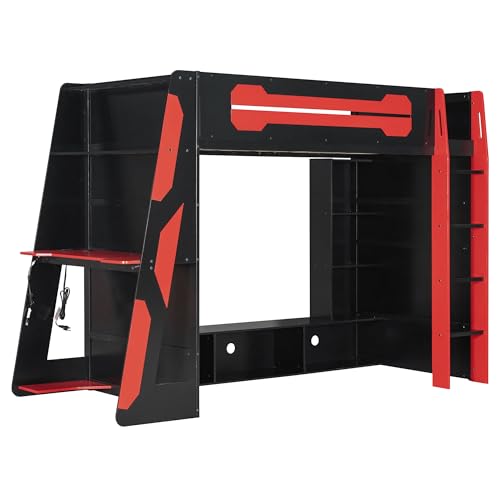 Image of Harper & Bright Designs Twin Size Wood Loft Bed with Desk and Multi-Storage Shelves, Wooden Gaming Loft Bed Frame with RGB Light, Space-Saving Bed with Safety Guardrail, Red