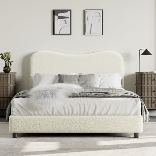GarveeHome Full Bed Frame for Kids with Velvet Upholstered Headboard, Cute Low Profile Platform Bed for Girls and Boys, No Box Spring Needed, Strong Wooden Slats, Noise Free, Easy Assembly, Beige