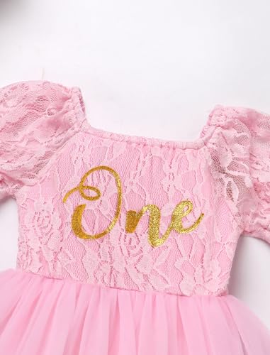 AWIBMK Lace Baby One Romper First Birthday Girl Outfit Puff Sleeve Tutu Dress Headband Cake Smash Photoshoot Outfits3