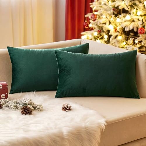 EMEMA Velvet Cushion Cover 30 x 50 cm, Decorative, Dark Green, Sofa Cushion, Lumbar Cushion