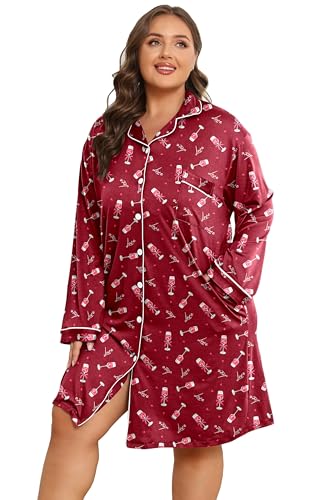 Image of Vozanet Women Button Down Nightgown Plus Size Nursing Nightshirt Long Sleeve Nighty Bridal Dress with Pockets XL-5XL