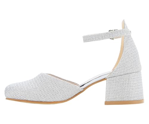Girls' Silver Ankle Strap Block Heel Shoes - Ideal for Weddings, Parties, and Formal Events, Size US Little Kid 113