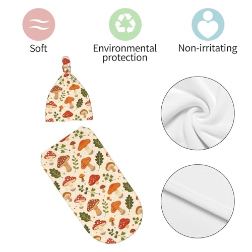 Image of Cute Mushroom Swaddle Blanket Hat Set for Boys Girls, Soft Floral Newborn Swaddle Wrap Receiving Blanket Shower Gift