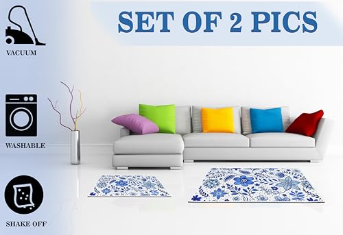 Image of Digital Printed Bathmat Set of 2 | Anti-Skid Mess Backing | Large & Small Combo | Water Absorbent, Quick Dry, Soft Floor Mat for Bathroom & Home Color - Floral Printed White and Blue