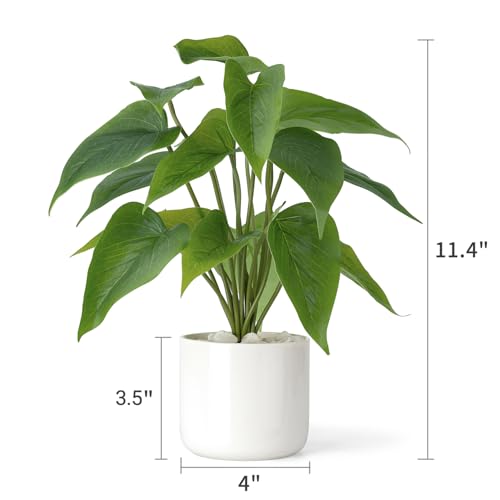Mkono Fake Plants in Ceramic Pot, 11" Potted Artificial Plants for Home Decor Indoor Faux Green Leaf Plant with Modern White Planter for Desk Shelf Office Room Decoration (Pothos)