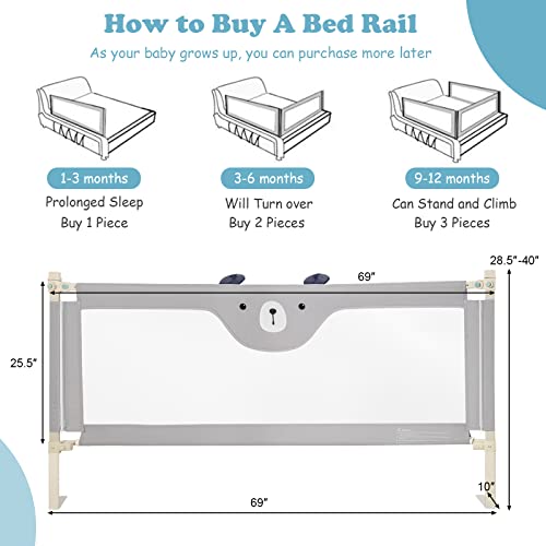 Baby Joy Bed Rail For Toddlers, 69’’ Extra Long, Height Adjustable & Folding Baby Bed Rail Guard W/Breathable Mesh & Double Safety Child Lock For Kids Twin Double Full Size Queen King Mattress (Gray) #TOP6