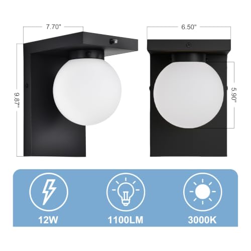 Image of Black Exterior Light Fixture, Dusk to Dawn LED Outdoor Wall Light, 12W Integrated LED Modern Farmhouse Sconce with Frosted Glass Globe Shade, Waterproof Porch Light for Front Door, Garage, Patio