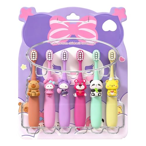 KLYNOVIX Capybara Kids Toothbrushes 6-Pack, Extra Soft Bristles, Small Brush Heads, Ages 3-12, Fun Bath and Travel Toothbrushes for Boys and Girls (Style 1)