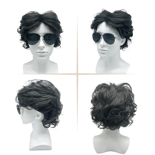 MIVAIUN Wigs Mens Short Curly Fluffy Cosplay Halloween Character Costume 70s 80s Disco Dude Wig Layered Curly Afro Shaggy Wig Black Handsome Men's Daily Costume Rock Hippy Star(Black) - Image 4