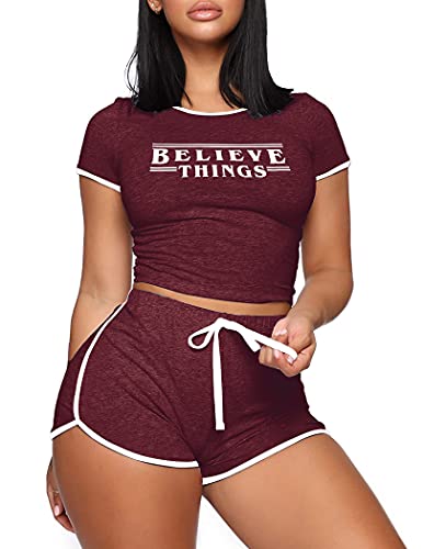 Zeagoo Sportkleidung Damen Sexy Ernte Top-T-Shirt und Shorts Kurzarm 2 Stück Set Yoga Stilvolle Traingsanzug Weinrot L Cover