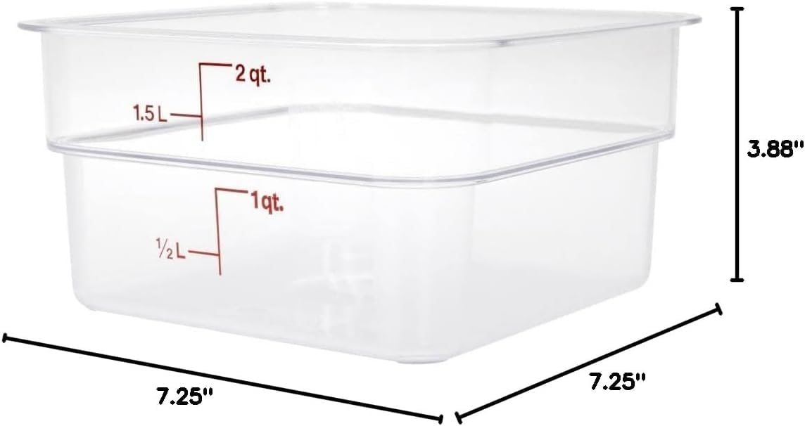Cambro Contenedor cuadrado de policarbonato de 2 cuartos de galón, 2 unidades, transparente, con 2 tapas verdes Kelly, paquete con un juego de cucharas medidoras Lumintrail