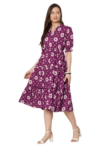 Image of Women's Floral Summer Maxi Dress I Cotton Printed I One Piece Bodycon Midi Dress with V-Neck, Puffed Sleeves