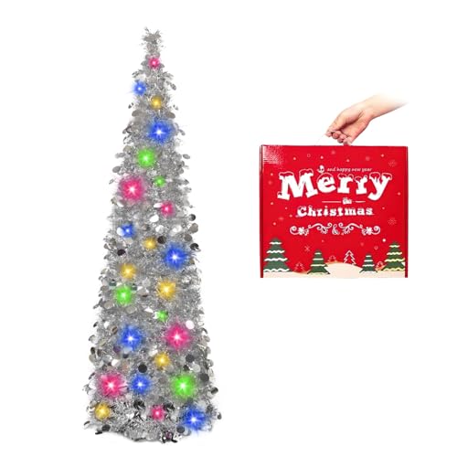 MACTING 5ft Pop up Christmas Tinsel Tree with Lights, Easy-Assembly Coastal Glittery Pencil Tree for Home Holiday Party Winter Xmas Decorations (Silver)