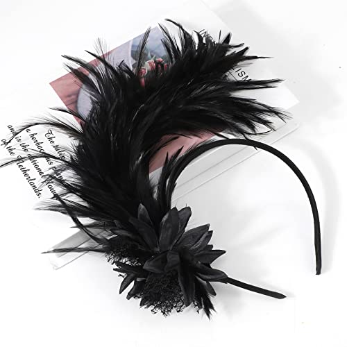 MWOOT Feather Headband, 1920s Feathered Fascinator, Black Artificial Flower Feather Headwear - Image 4