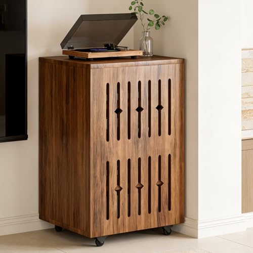 5-Tier Stereo Components Cabinet Wooden Audio Equipment Cabinet with Grille Door Closed Entertainment Stand with Adjustable Shelves AV Media Vintage Rack On Wheels for Living Gaming Room (Walnut)