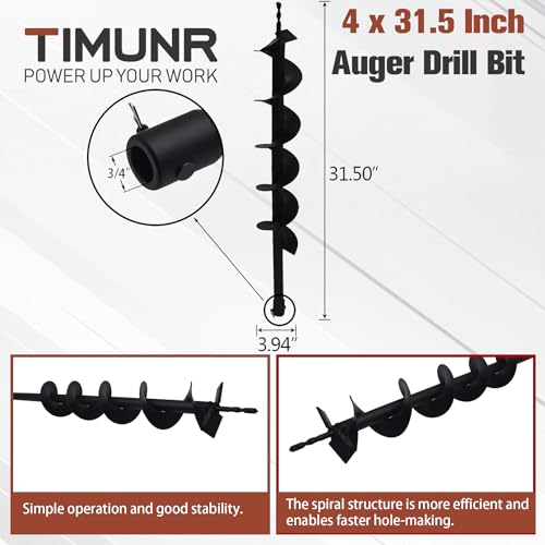 Timunr 4 Inch Earth Auger Drill Bits for Planting, 4 x 31.5 Gasoline Engine Auger Post Hole Digger Drill Bits, Bulb Planter Tool with 3/4 Shaft by Timunr - Image 4
