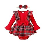 Murnouche Newborn Christmas Outfit Baby Girl Romper Ruffle Long Sleeve Ribbed Christmas Dress with Headband Red Plaid 0-3 Months
