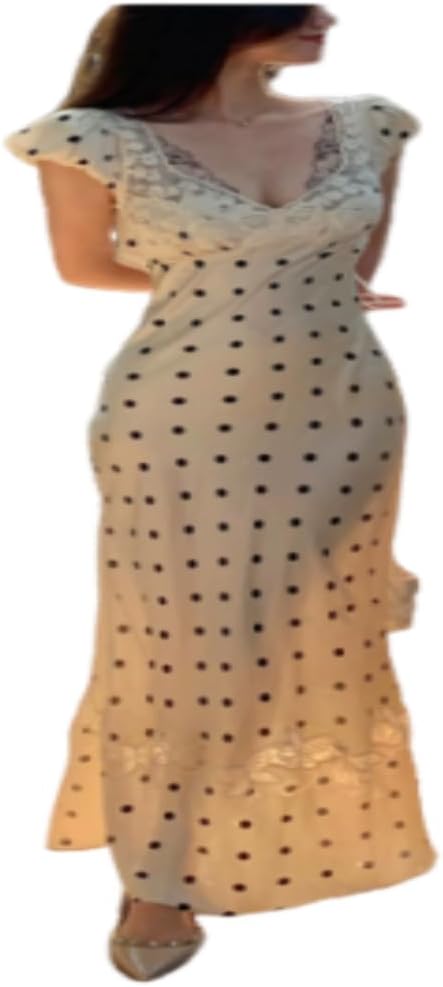 Women's Polka Dot Maxi Dress, V-Neck Lace Trim, Sleeveless Flared Hem, Casual Summer Boho Long Dress
