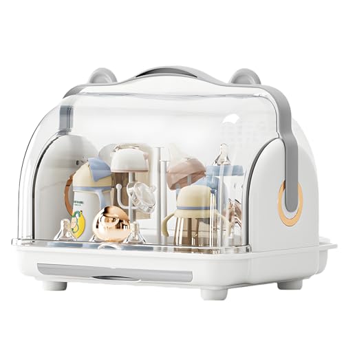 Image of QDTTSRY Baby Bottle Drying Rack Storage, Nursing Bottle Storage Box Organizer with Cover, Portable Kitchen Cabinet Organizer, Durable countertop Dryer (Grey)