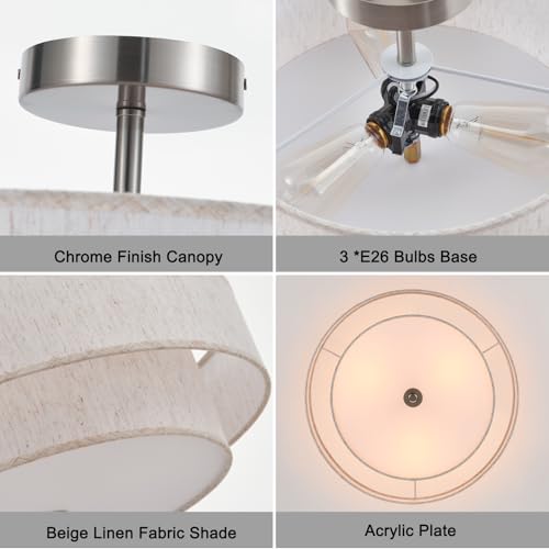 Widluth 18" Semi Flush Mount Ceiling Light 3-Light Modern Linen Drum Ceiling Lighting with Chrome Finish, Vintage Ceiling Light for Living Room, Kitchen, Basement, Laundry Room, Bedroom by Widluth - Used condition - Image 4