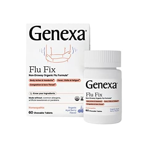 Genexa Flu Fix | Multi-Symptom Flu Remedy for Kids & Adults | Delicious Organic Acai Berry Flavor | Certified Organic & Non-GMO | Homeopathic Remedy Made Clean | 60 Chewable Tablets Cover