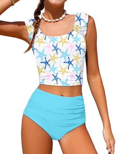 Image of Girls Tankini Swimsuit 2 Piece Bathing Suit Twist Cross Back Cutout Swim Tank Top Floral Print Swimwear for 7-18Y