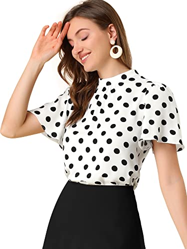 Allegra K Women's Polka Dots Blouse Stand Collar Pleat