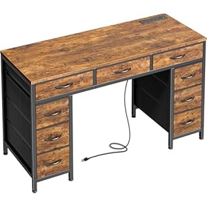 PRAISUN 47 Inch Office Desk with Outlets, Computer Desk with 9 Fabric Drawers, Writing Gaming Work Study Desk for Bedroom, Living Room, Home Office, Large Storage, Rustic Brown