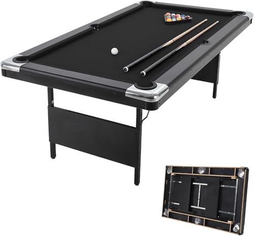 6/7 Foot Foldabl Pool Table, Portable Billiard Table with Full Set Billiard Balls, 2 Cue Sticks, Chalk & Felt Brush, Foldable Snooker Pool Table for Family Game Room