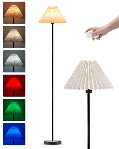UMEXUS Cordless Floor Lamp for Bedroom, Rechargeable Battery Operated with Remote & Timer, Dimmable RGB, Pleated Standing Light Small Corner Pole Lamps for Living Room Bedside Outdoor Patio Home Decor