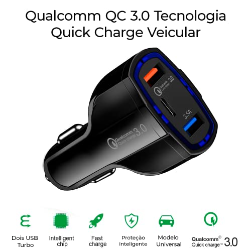 Carregador Veicular para Celular 4A Turbo 2 USB +1 Cabo USB-C de 1 metro