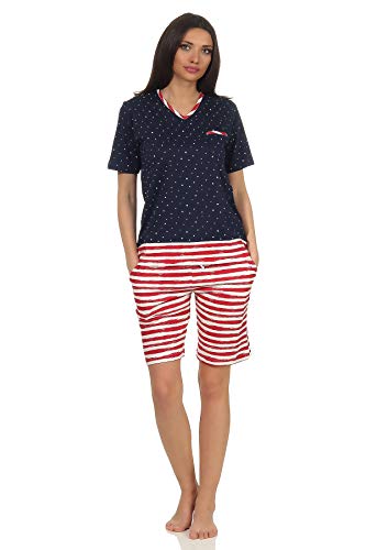 Marítimo - Pijama corto para mujer, manga corta, pantalón de rayas marítimas, top en lunares, marine, 50-50