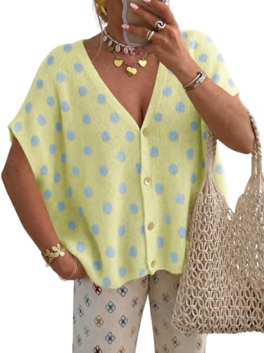 Image of Saodimallsu Womens Summer Oversized Cardigans Batwing Short Sleeve Lightweight Button V Neck Casual Knit Sweater Tops
