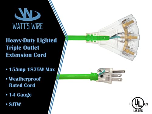 15 Ft - 14 Gauge Heavy Duty 3-Outlet Lighted Sjtw Indoor/Outdoor Green Extension Cord By Watt's Wire - 15' 14-Gauge Grounded 15-Amp Power-Cord (15 Foot 14-Awg Green) #TOP2