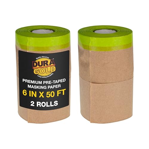 Dura-Gold Pre-Taped Masking Paper for Painting (6" x 50', 2 Rolls) - Tape and Drape Painters Paper, Protective Covering, Overspray Barrier for Home Renovation Projects, Walls Doors, Furniture, Cars
