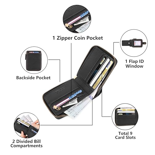 Airtag Wallets For Men With Zipper RFID Blocking Leather Bifold Mens Wallet - Big Capacity Credit Card Travel Wallet - Flap ID Window Zip Coin Pocket (Black)3